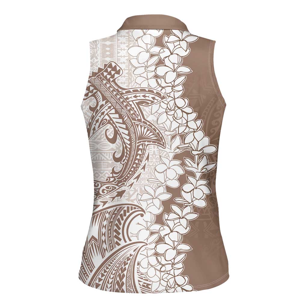 Polynesian Beige Plumeria Lei Women Sleeveless Polo Shirt with Hammerhead Shark
