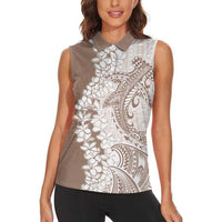Polynesian Beige Plumeria Lei Women Sleeveless Polo Shirt with Hammerhead Shark