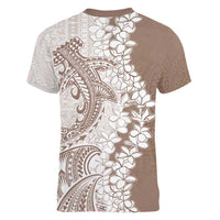 Polynesian Beige Plumeria Lei Women V-Neck T-Shirt with Hammerhead Shark