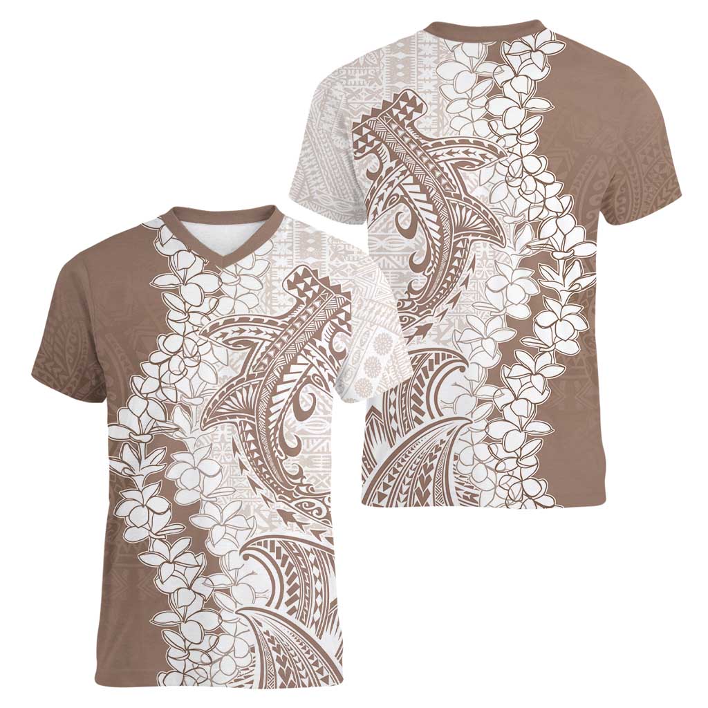 Polynesian Beige Plumeria Lei Women V-Neck T-Shirt with Hammerhead Shark
