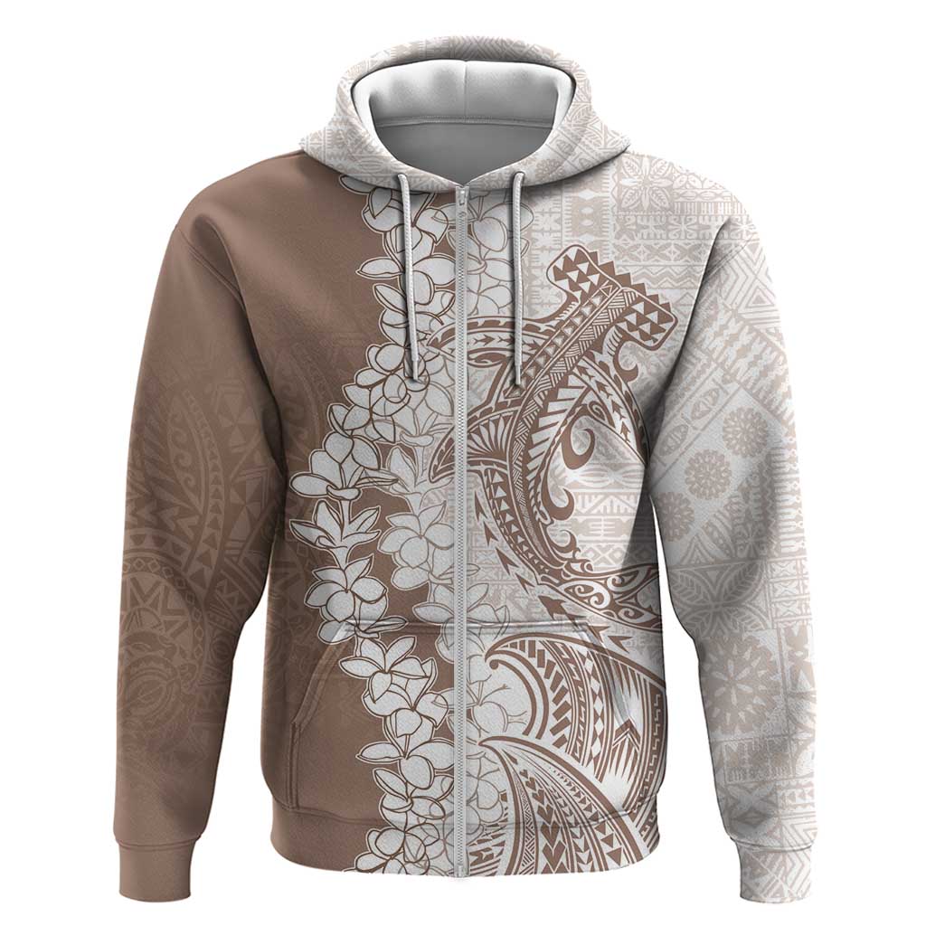 Polynesian Beige Plumeria Lei Zip Hoodie with Hammerhead Shark LT7 Zip Hoodie Beige - Polynesian Pride
