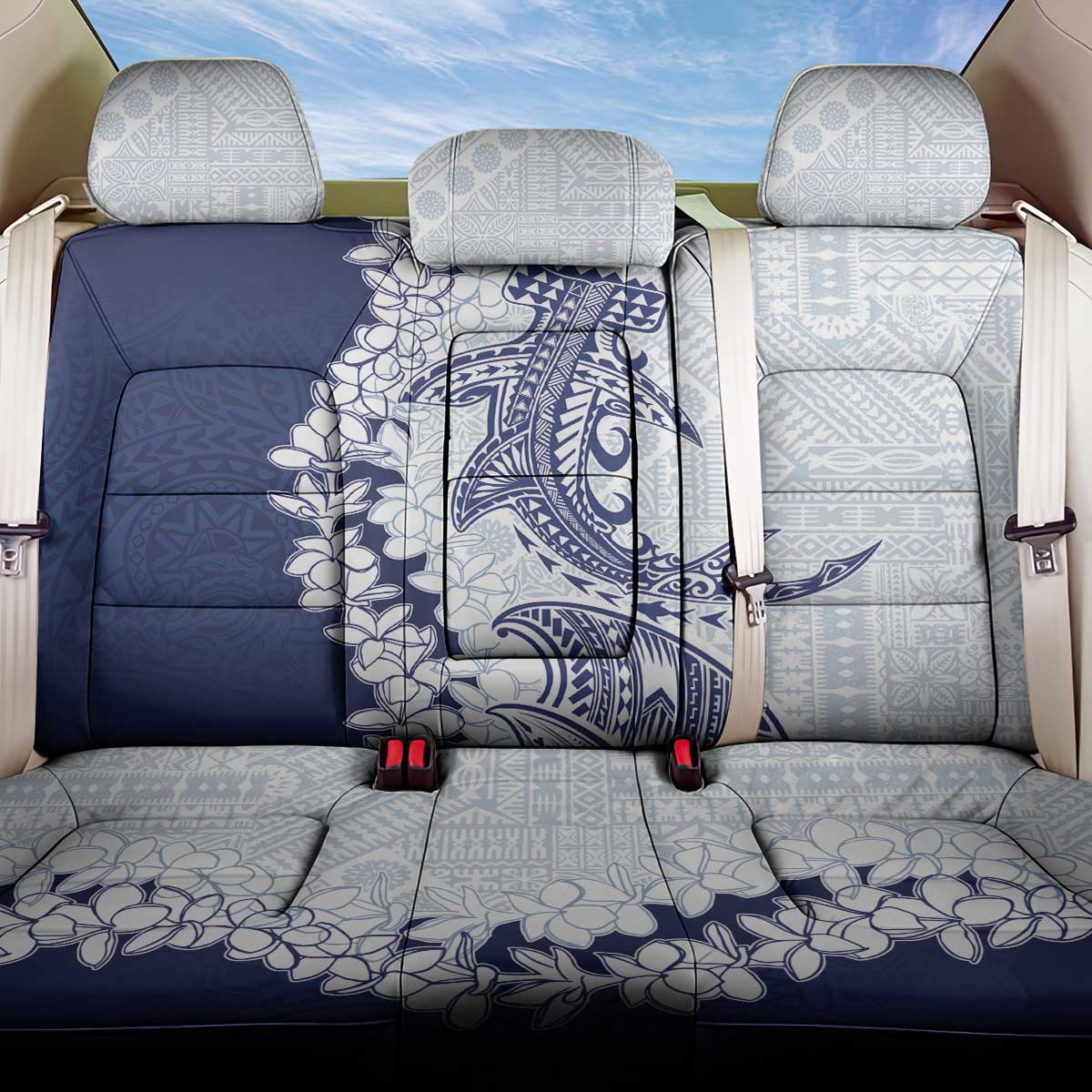 Polynesian Navy Blue Plumeria Lei Back Car Seat Cover with Hammerhead Shark LT7 One Size Navy Blue - Polynesian Pride