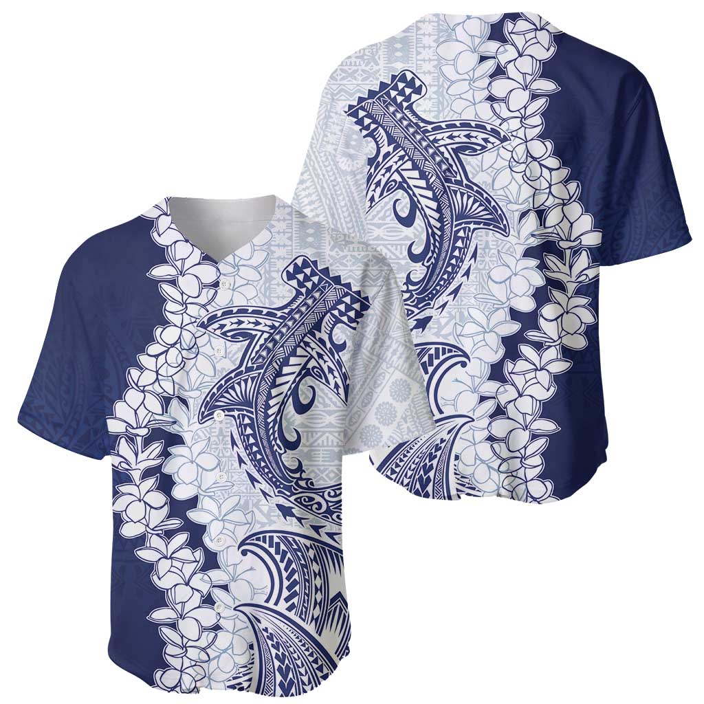 Polynesian Navy Blue Plumeria Lei Baseball Jersey with Hammerhead Shark LT7 - Polynesian Pride