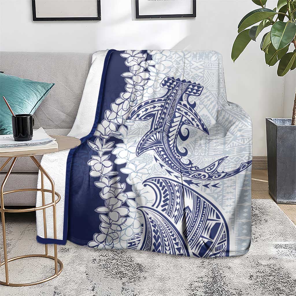 Polynesian Navy Blue Plumeria Lei Blanket with Hammerhead Shark