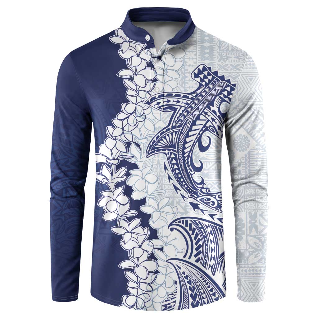 Polynesian Navy Blue Plumeria Lei Button Sweatshirt with Hammerhead Shark