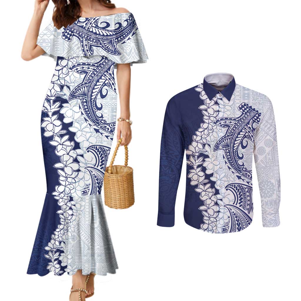 Polynesian Navy Blue Plumeria Lei Couples Matching Mermaid Dress and Long Sleeve Button Shirt with Hammerhead Shark
