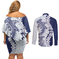 Polynesian Navy Blue Plumeria Lei Couples Matching Off Shoulder Short Dress and Long Sleeve Button Shirt with Hammerhead Shark