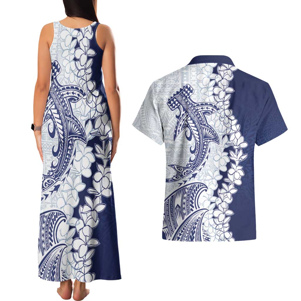 Polynesian Navy Blue Plumeria Lei Couples Matching Tank Maxi Dress and Hawaiian Shirt with Hammerhead Shark