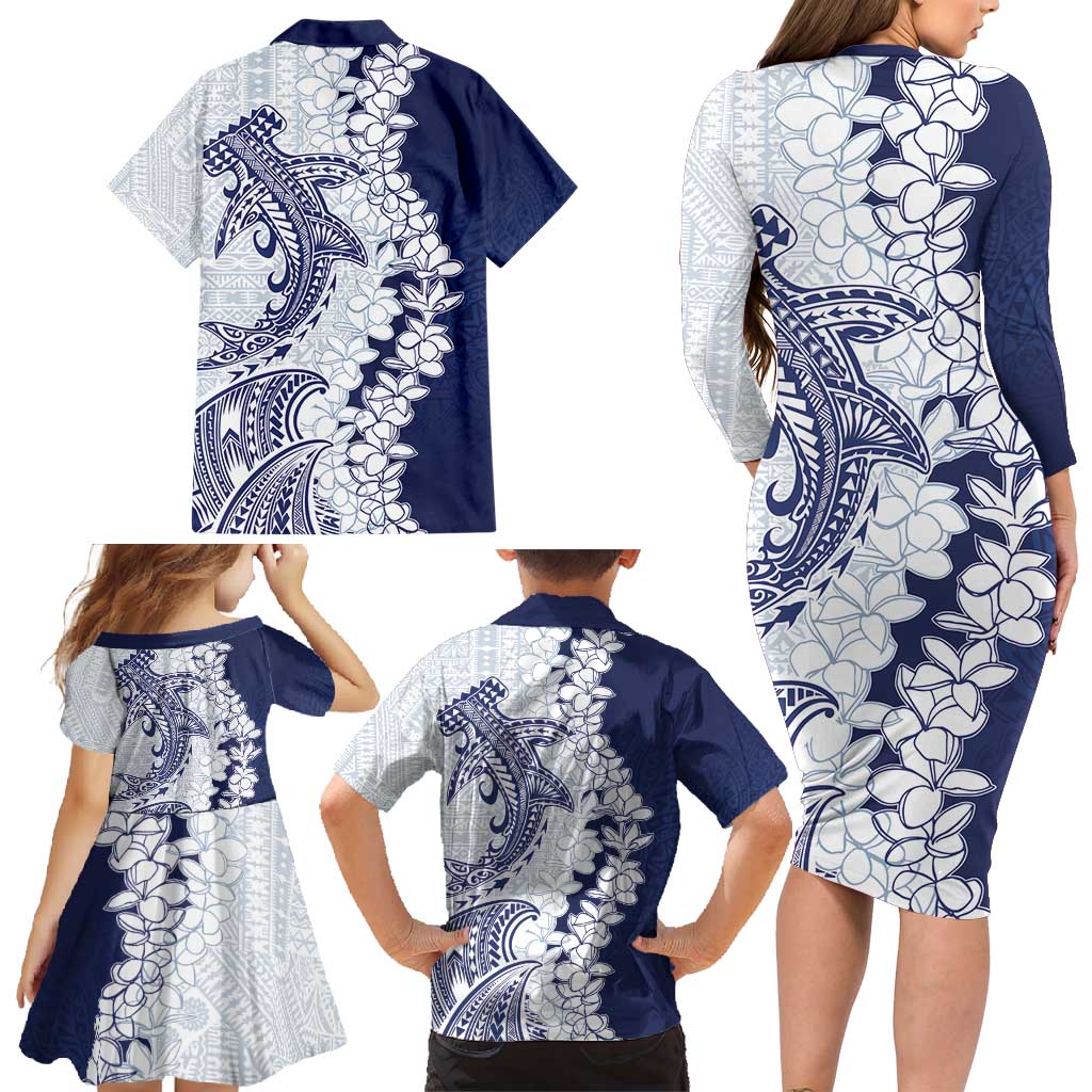 Polynesian Navy Blue Plumeria Lei Family Matching Long Sleeve Bodycon Dress and Hawaiian Shirt with Hammerhead Shark LT7 - Polynesian Pride