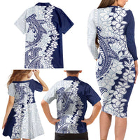 Polynesian Navy Blue Plumeria Lei Family Matching Long Sleeve Bodycon Dress and Hawaiian Shirt with Hammerhead Shark LT7 - Polynesian Pride