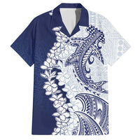 Polynesian Navy Blue Plumeria Lei Family Matching Long Sleeve Bodycon Dress and Hawaiian Shirt with Hammerhead Shark LT7 Dad's Shirt - Short Sleeve Navy Blue - Polynesian Pride