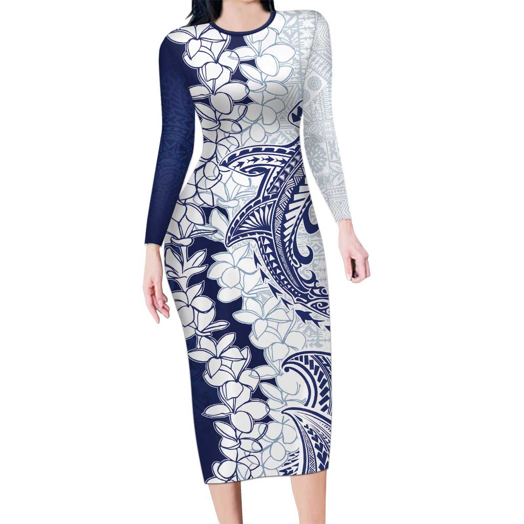 Polynesian Navy Blue Plumeria Lei Family Matching Long Sleeve Bodycon Dress and Hawaiian Shirt with Hammerhead Shark LT7 Mom's Dress Navy Blue - Polynesian Pride