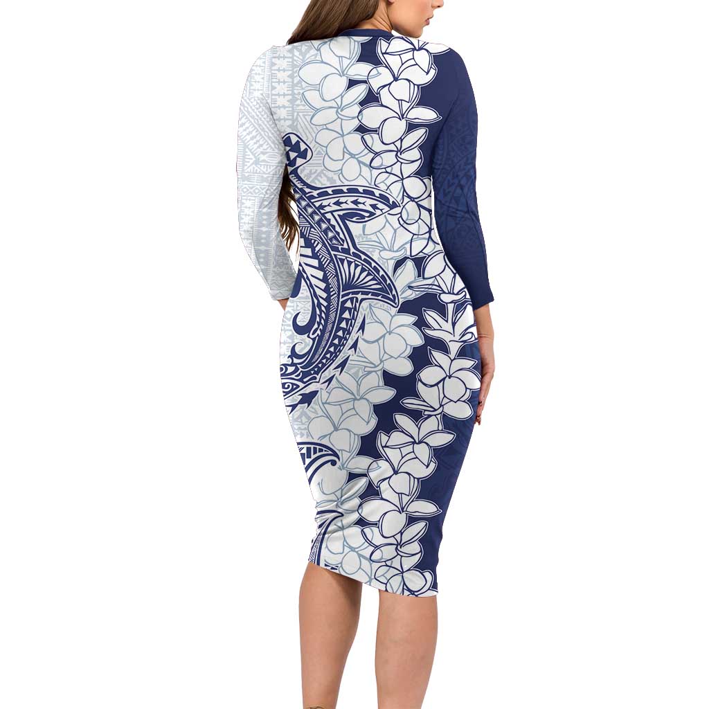 Polynesian Navy Blue Plumeria Lei Family Matching Long Sleeve Bodycon Dress and Hawaiian Shirt with Hammerhead Shark LT7 - Polynesian Pride