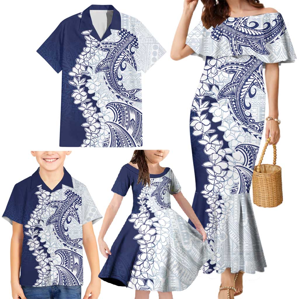 Polynesian Navy Blue Plumeria Lei Family Matching Mermaid Dress and Hawaiian Shirt with Hammerhead Shark LT7 - Polynesian Pride