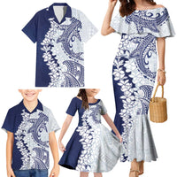 Polynesian Navy Blue Plumeria Lei Family Matching Mermaid Dress and Hawaiian Shirt with Hammerhead Shark LT7 - Polynesian Pride