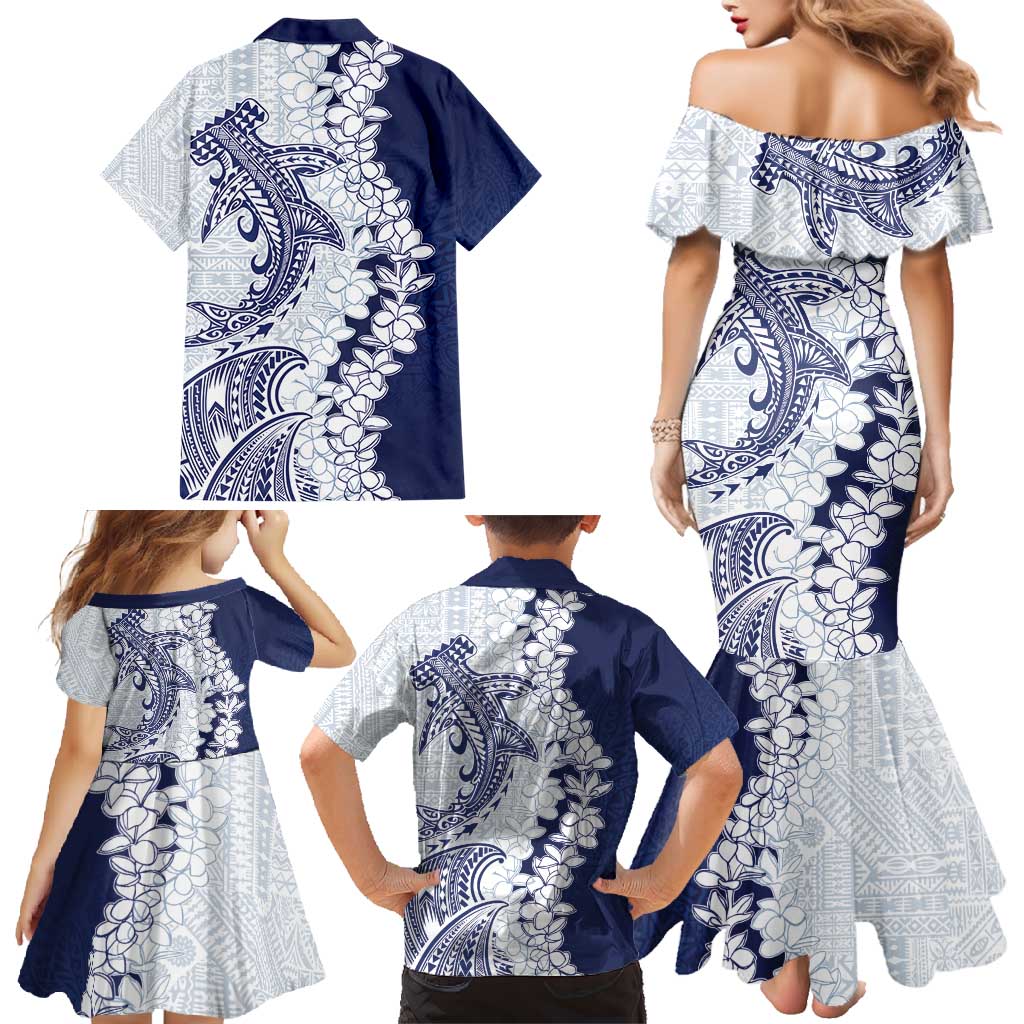 Polynesian Navy Blue Plumeria Lei Family Matching Mermaid Dress and Hawaiian Shirt with Hammerhead Shark LT7 - Polynesian Pride