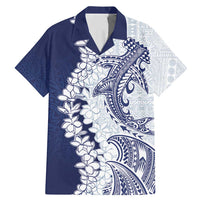 Polynesian Navy Blue Plumeria Lei Family Matching Mermaid Dress and Hawaiian Shirt with Hammerhead Shark LT7 Dad's Shirt - Short Sleeve Navy Blue - Polynesian Pride