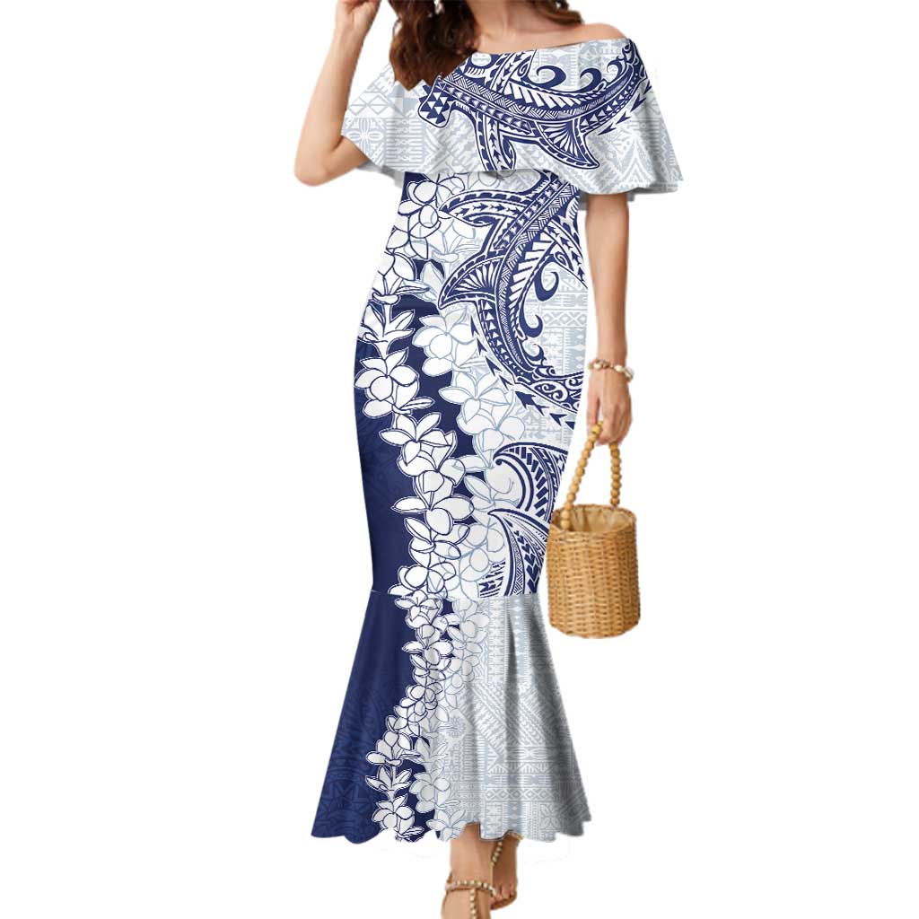 Polynesian Navy Blue Plumeria Lei Family Matching Mermaid Dress and Hawaiian Shirt with Hammerhead Shark LT7 Mom's Dress Navy Blue - Polynesian Pride