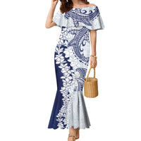 Polynesian Navy Blue Plumeria Lei Family Matching Mermaid Dress and Hawaiian Shirt with Hammerhead Shark LT7 Mom's Dress Navy Blue - Polynesian Pride