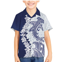 Polynesian Navy Blue Plumeria Lei Family Matching Mermaid Dress and Hawaiian Shirt with Hammerhead Shark LT7 Son's Shirt Navy Blue - Polynesian Pride