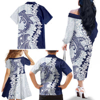 Polynesian Navy Blue Plumeria Lei Family Matching Off The Shoulder Long Sleeve Dress and Hawaiian Shirt with Hammerhead Shark LT7 - Polynesian Pride