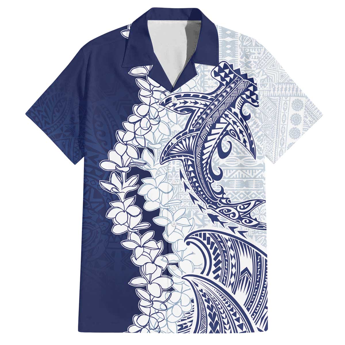 Polynesian Navy Blue Plumeria Lei Family Matching Off The Shoulder Long Sleeve Dress and Hawaiian Shirt with Hammerhead Shark LT7 Dad's Shirt - Short Sleeve Navy Blue - Polynesian Pride
