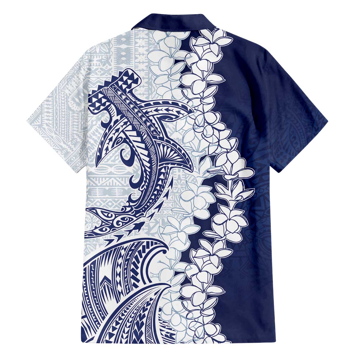 Polynesian Navy Blue Plumeria Lei Family Matching Off The Shoulder Long Sleeve Dress and Hawaiian Shirt with Hammerhead Shark LT7 - Polynesian Pride