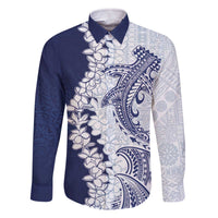 Polynesian Navy Blue Plumeria Lei Family Matching Off The Shoulder Long Sleeve Dress and Hawaiian Shirt with Hammerhead Shark LT7 Dad's Shirt - Long Sleeve Navy Blue - Polynesian Pride