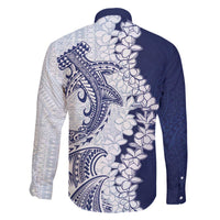 Polynesian Navy Blue Plumeria Lei Family Matching Off The Shoulder Long Sleeve Dress and Hawaiian Shirt with Hammerhead Shark LT7 - Polynesian Pride