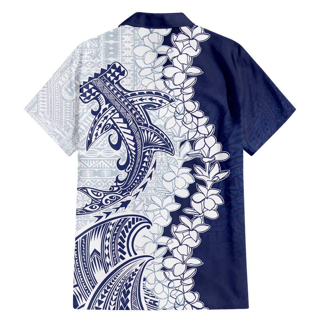 Polynesian Navy Blue Plumeria Lei Family Matching Off Shoulder Maxi Dress and Hawaiian Shirt with Hammerhead Shark LT7 - Polynesian Pride