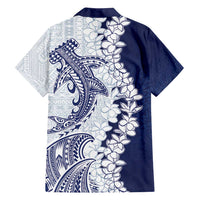 Polynesian Navy Blue Plumeria Lei Family Matching Off Shoulder Maxi Dress and Hawaiian Shirt with Hammerhead Shark LT7 - Polynesian Pride