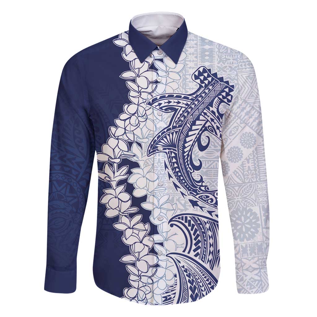 Polynesian Navy Blue Plumeria Lei Family Matching Off Shoulder Maxi Dress and Hawaiian Shirt with Hammerhead Shark LT7 Dad's Shirt - Long Sleeve Navy Blue - Polynesian Pride
