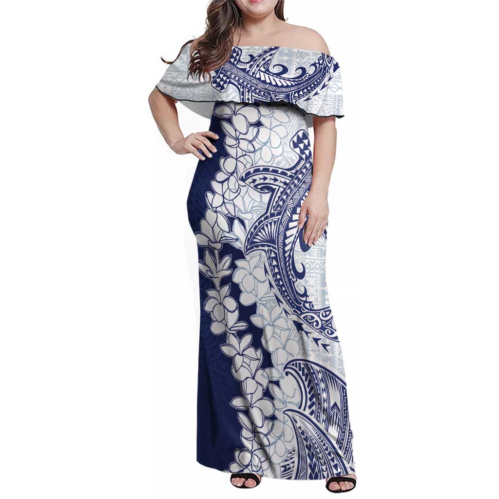 Polynesian Navy Blue Plumeria Lei Family Matching Off Shoulder Maxi Dress and Hawaiian Shirt with Hammerhead Shark LT7 Mom's Dress Navy Blue - Polynesian Pride