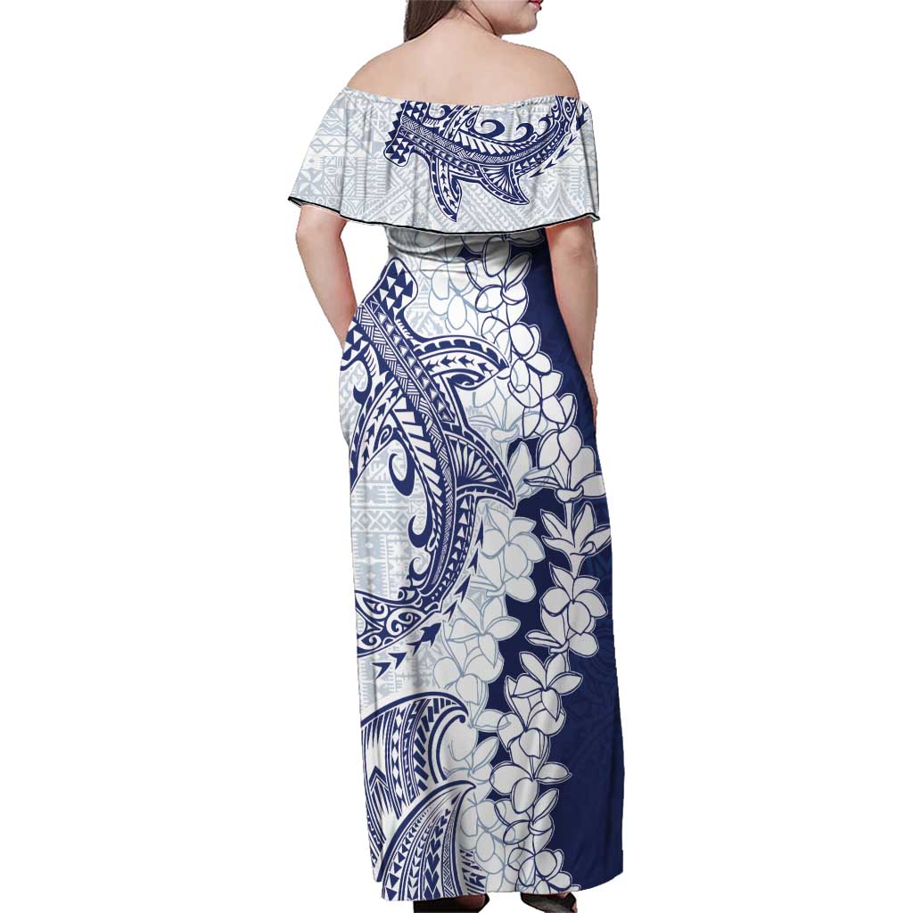 Polynesian Navy Blue Plumeria Lei Family Matching Off Shoulder Maxi Dress and Hawaiian Shirt with Hammerhead Shark LT7 - Polynesian Pride