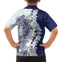 Polynesian Navy Blue Plumeria Lei Family Matching Off Shoulder Short Dress and Hawaiian Shirt with Hammerhead Shark LT7 - Polynesian Pride