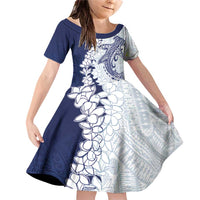 Polynesian Navy Blue Plumeria Lei Family Matching Off Shoulder Short Dress and Hawaiian Shirt with Hammerhead Shark LT7 Daughter's Dress Navy Blue - Polynesian Pride