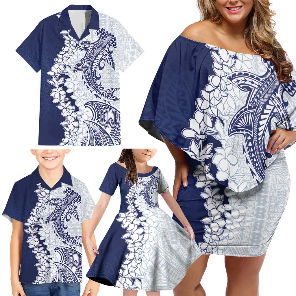 Polynesian Navy Blue Plumeria Lei Family Matching Off Shoulder Short Dress and Hawaiian Shirt with Hammerhead Shark LT7 - Polynesian Pride