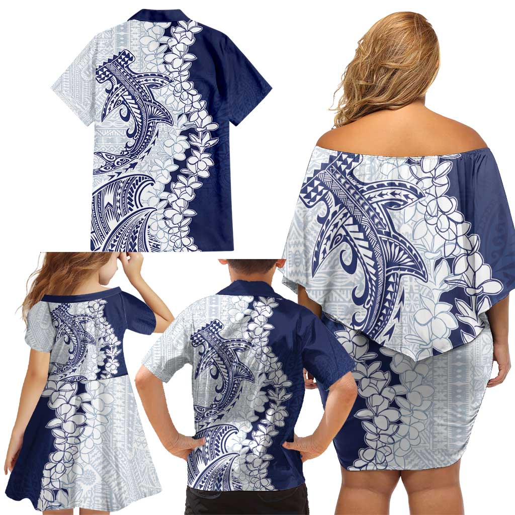 Polynesian Navy Blue Plumeria Lei Family Matching Off Shoulder Short Dress and Hawaiian Shirt with Hammerhead Shark LT7 - Polynesian Pride