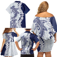 Polynesian Navy Blue Plumeria Lei Family Matching Off Shoulder Short Dress and Hawaiian Shirt with Hammerhead Shark LT7 - Polynesian Pride