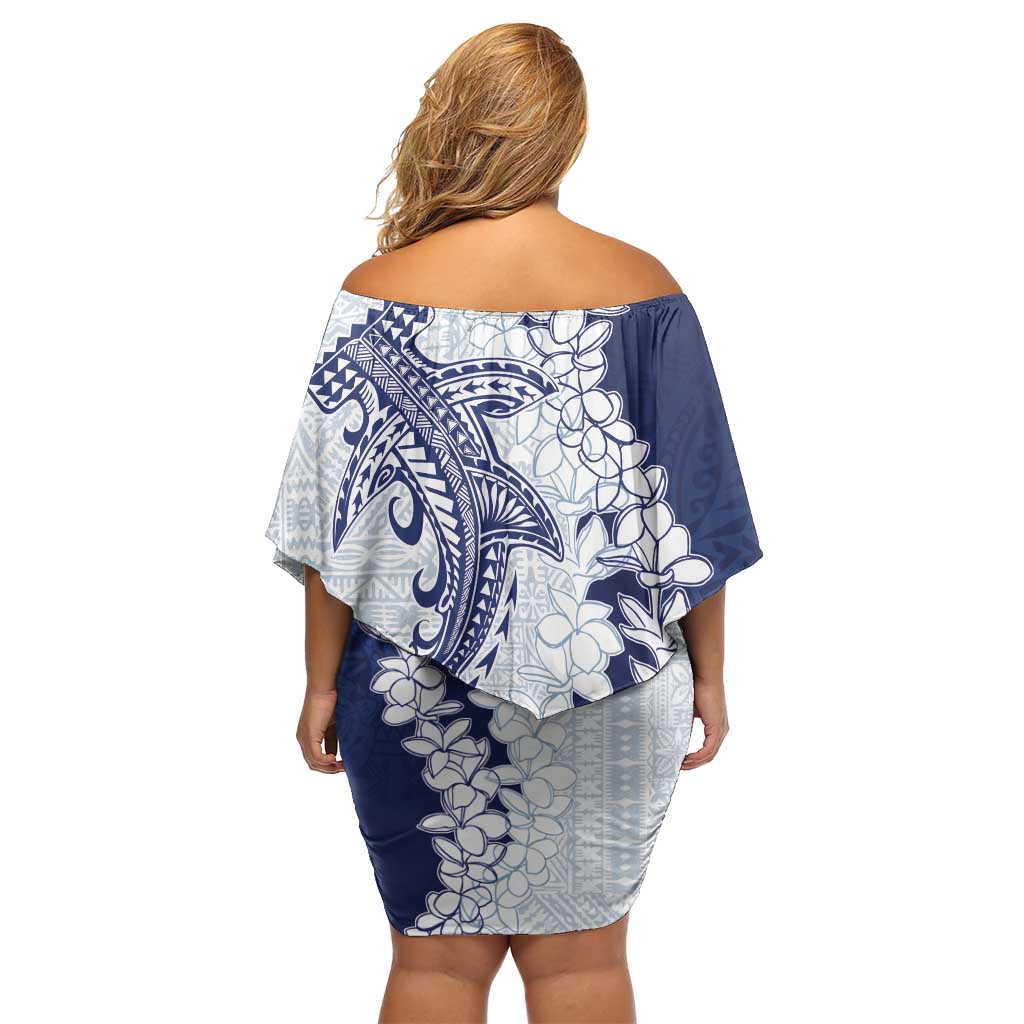 Polynesian Navy Blue Plumeria Lei Family Matching Off Shoulder Short Dress and Hawaiian Shirt with Hammerhead Shark LT7 - Polynesian Pride