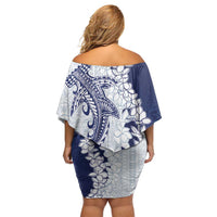 Polynesian Navy Blue Plumeria Lei Family Matching Off Shoulder Short Dress and Hawaiian Shirt with Hammerhead Shark LT7 - Polynesian Pride