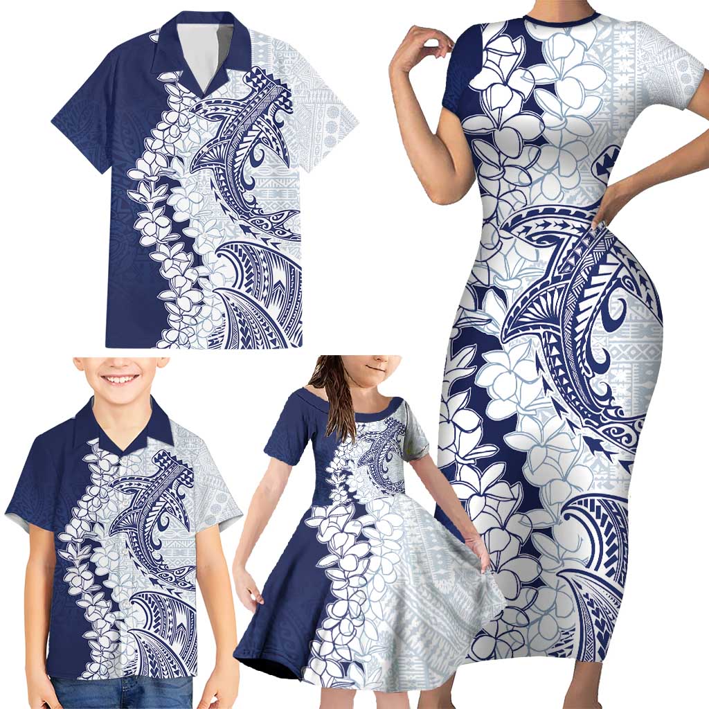 Polynesian Navy Blue Plumeria Lei Family Matching Short Sleeve Bodycon Dress and Hawaiian Shirt with Hammerhead Shark LT7 - Polynesian Pride