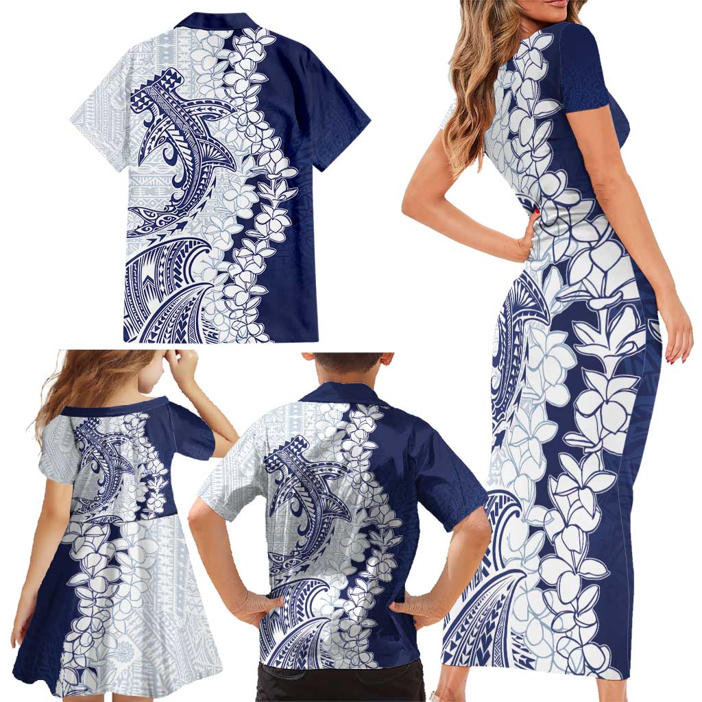Polynesian Navy Blue Plumeria Lei Family Matching Short Sleeve Bodycon Dress and Hawaiian Shirt with Hammerhead Shark LT7 - Polynesian Pride