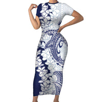 Polynesian Navy Blue Plumeria Lei Family Matching Short Sleeve Bodycon Dress and Hawaiian Shirt with Hammerhead Shark LT7 Mom's Dress Navy Blue - Polynesian Pride