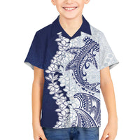 Polynesian Navy Blue Plumeria Lei Family Matching Short Sleeve Bodycon Dress and Hawaiian Shirt with Hammerhead Shark LT7 Son's Shirt Navy Blue - Polynesian Pride