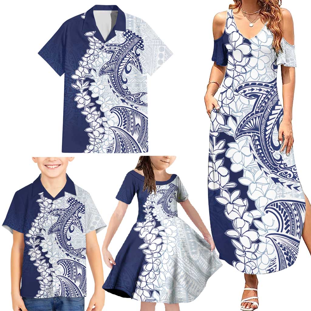 Polynesian Navy Blue Plumeria Lei Family Matching Summer Maxi Dress and Hawaiian Shirt with Hammerhead Shark LT7 - Polynesian Pride