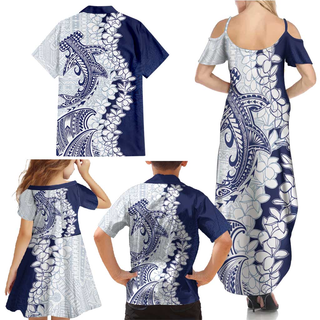 Polynesian Navy Blue Plumeria Lei Family Matching Summer Maxi Dress and Hawaiian Shirt with Hammerhead Shark LT7 - Polynesian Pride
