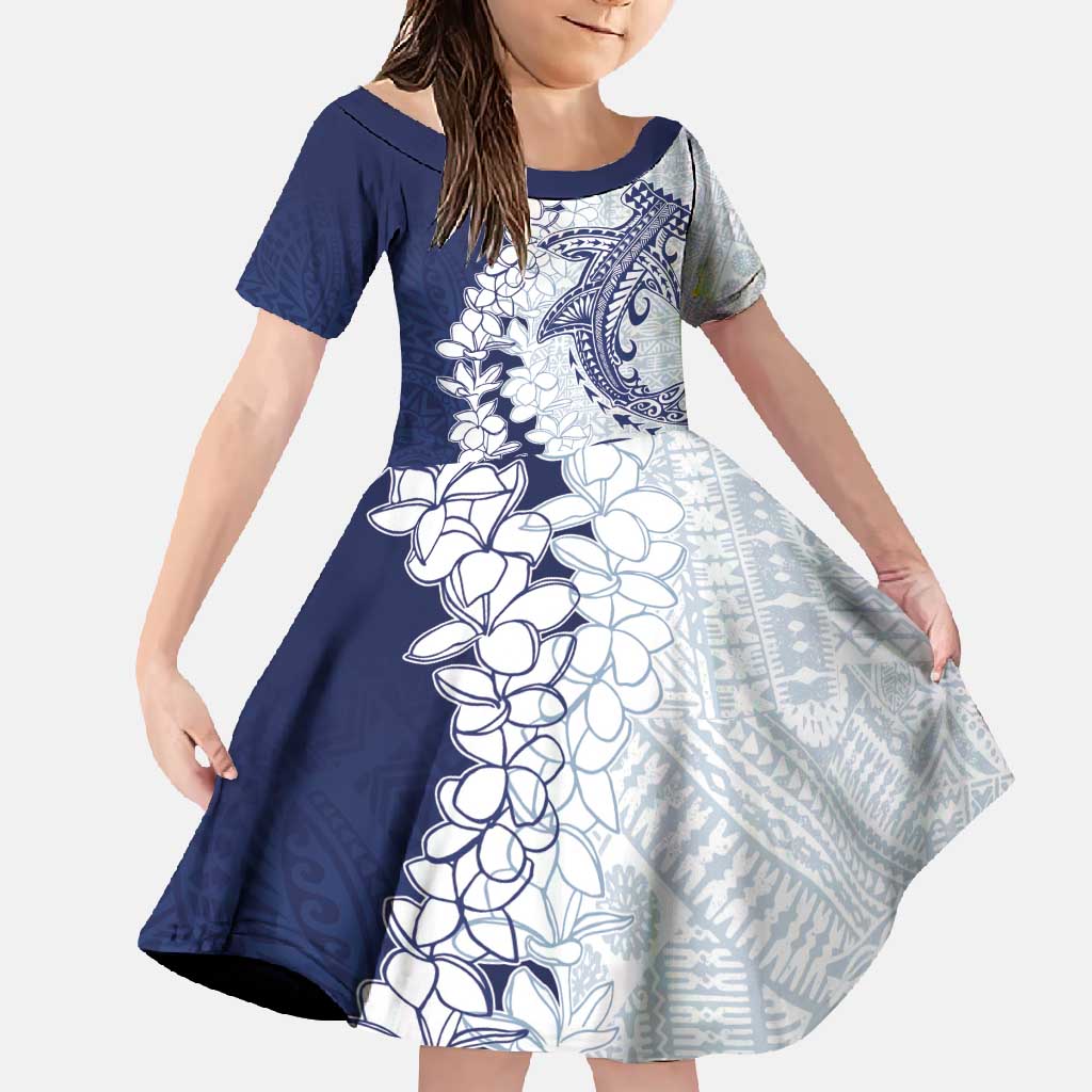 Polynesian Navy Blue Plumeria Lei Family Matching Tank Maxi Dress and Hawaiian Shirt with Hammerhead Shark LT7 Daughter's Dress Navy Blue - Polynesian Pride