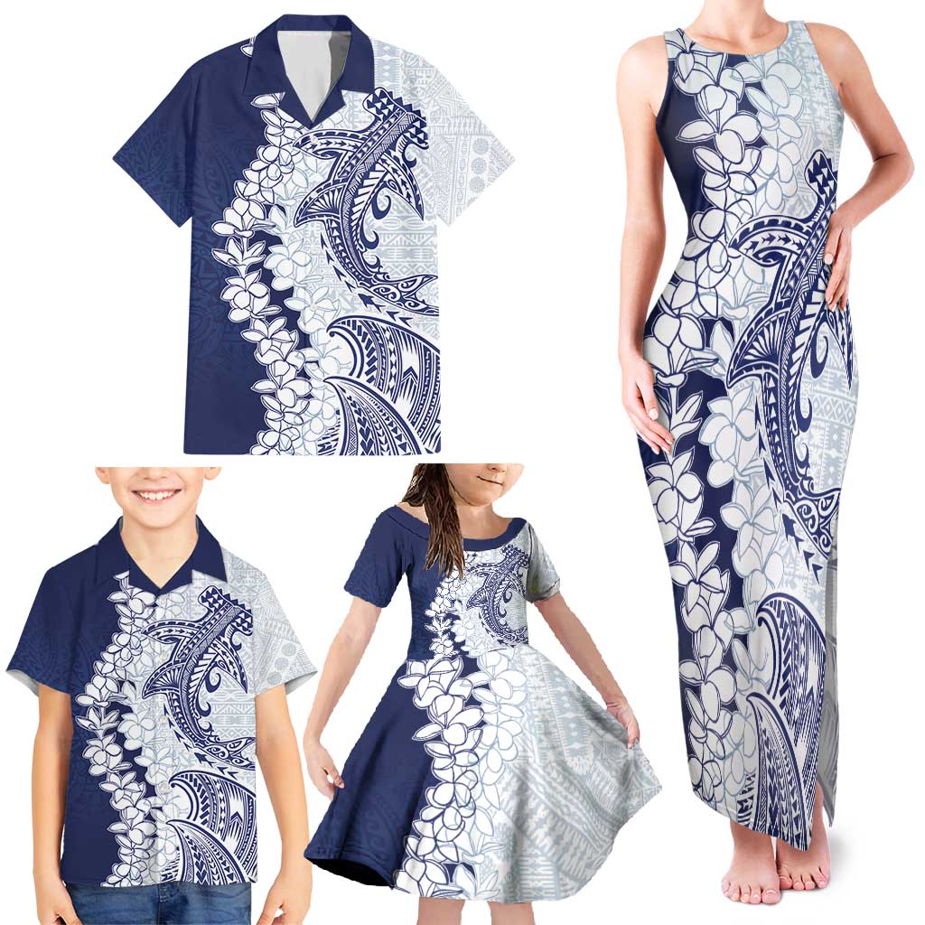 Polynesian Navy Blue Plumeria Lei Family Matching Tank Maxi Dress and Hawaiian Shirt with Hammerhead Shark LT7 - Polynesian Pride