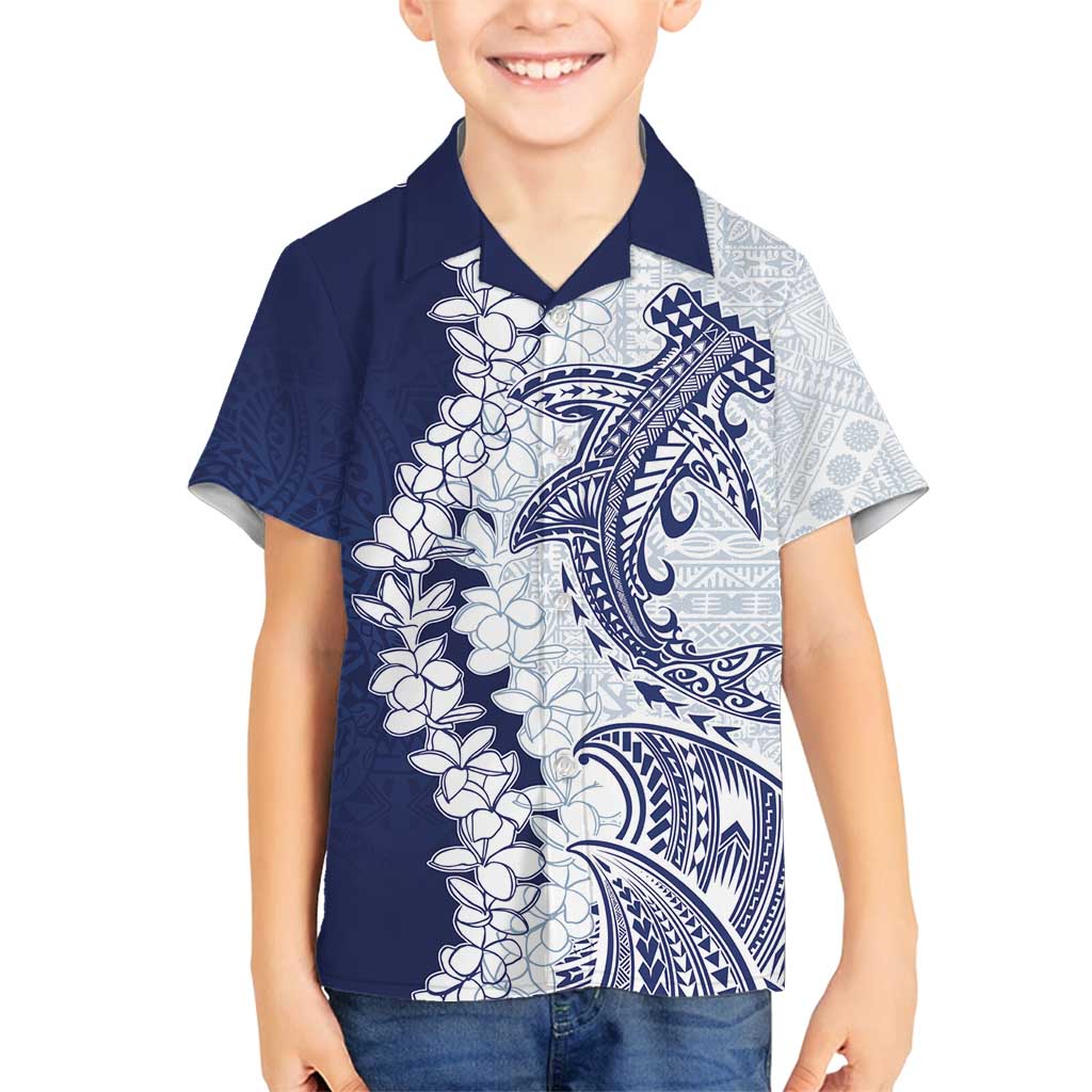 Polynesian Navy Blue Plumeria Lei Family Matching Tank Maxi Dress and Hawaiian Shirt with Hammerhead Shark LT7 Son's Shirt Navy Blue - Polynesian Pride